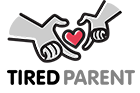 Tired Parent Logo - Parent Hand and child hand forming a heart shape together, with an image of a heart inside and the words Tired Parent beneath